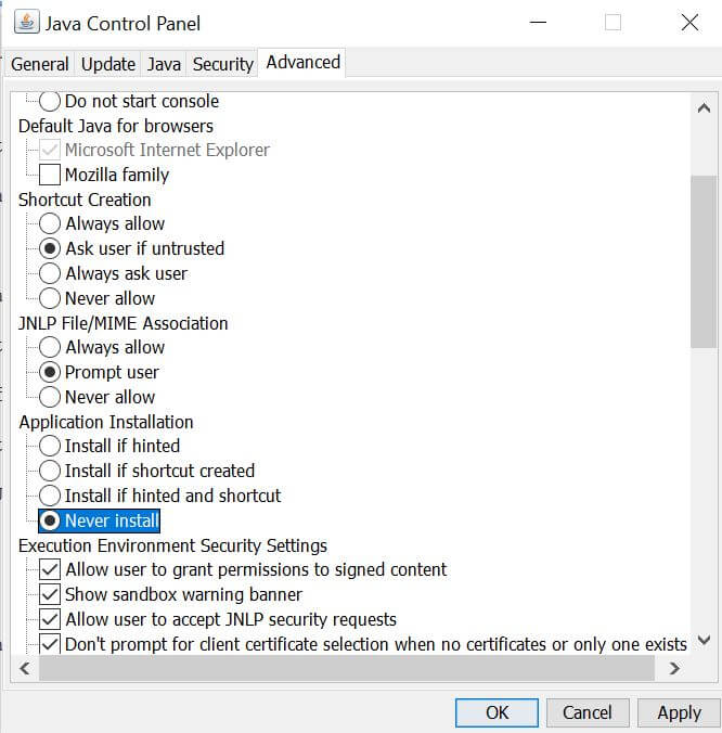 never install java automatic update