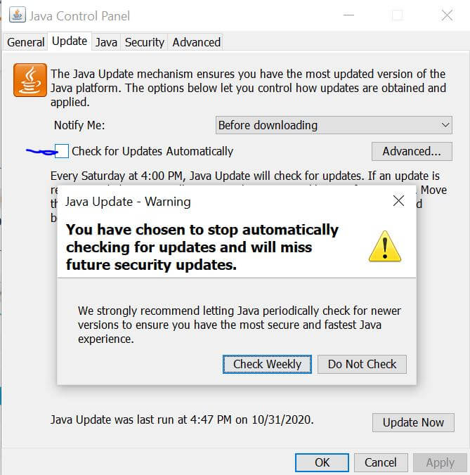 turn off java automatic update