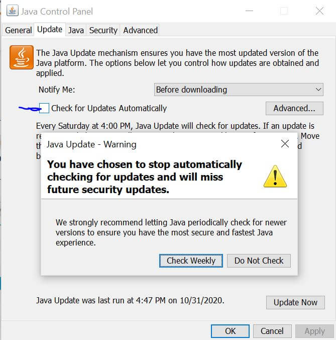 Turn off java update