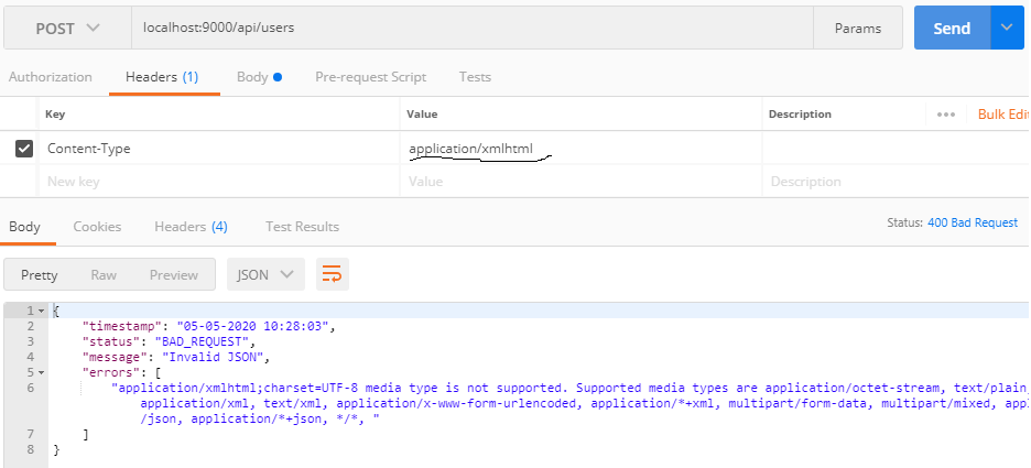 test HttpMediaTypeNotSupportedException with postman