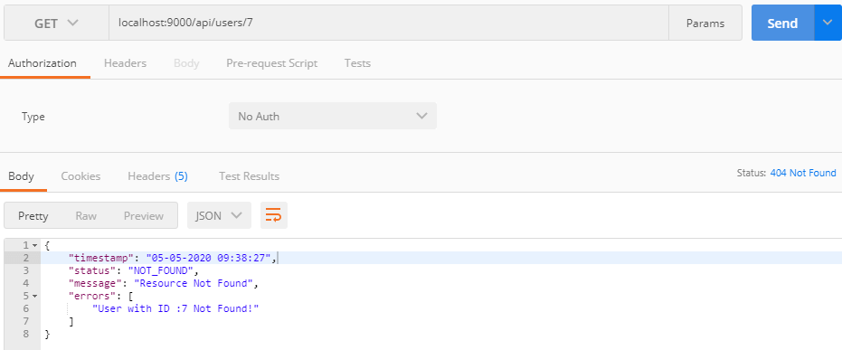 test ResourceNotFoundException with postman